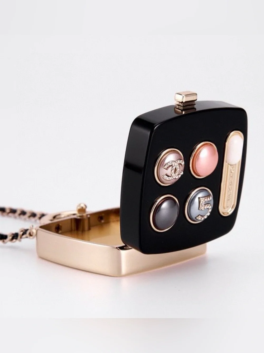 CHANEL Black Resin Charm Pendant with Pink and Gray Enamel Buttons